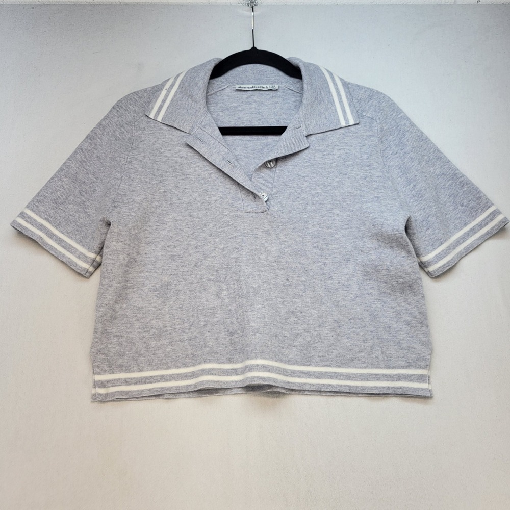 Abercrombie & Fitch Polo Sweater Womens XS Gray Preppy Striped Cropped Knit